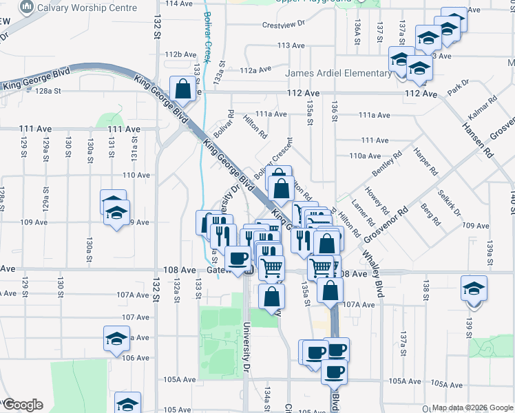 map of restaurants, bars, coffee shops, grocery stores, and more near 13555 Gateway Drive in Surrey