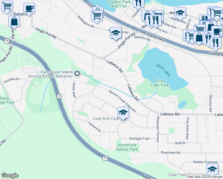 map of restaurants, bars, coffee shops, grocery stores, and more near 2702 Beaver Creek Crescent in Nanaimo