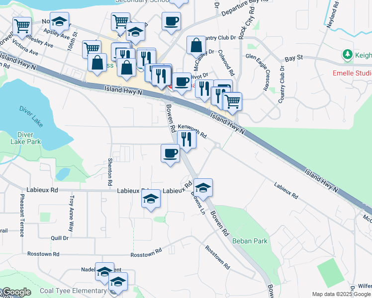 map of restaurants, bars, coffee shops, grocery stores, and more near 2560 Bowen Road in Nanaimo