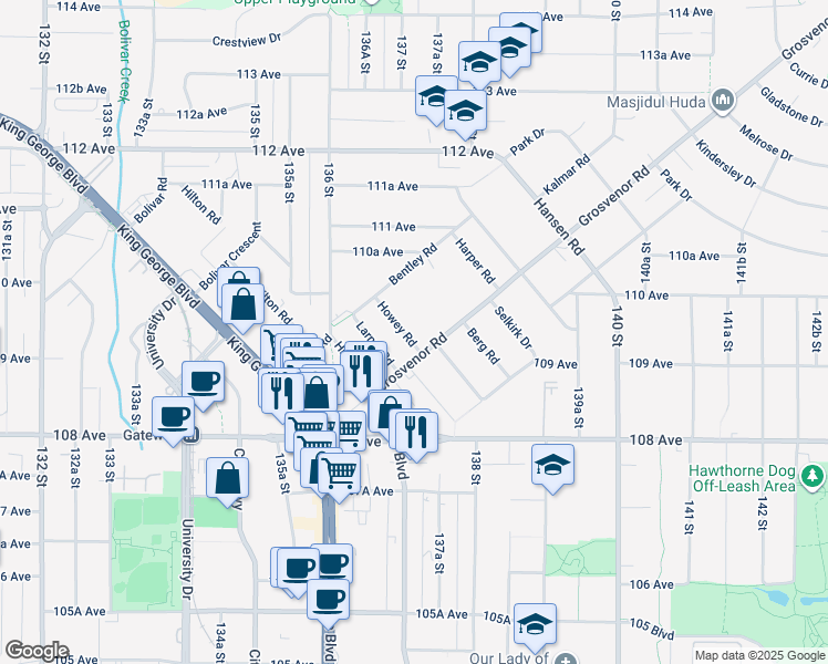 map of restaurants, bars, coffee shops, grocery stores, and more near 13657 Howey Road in Surrey
