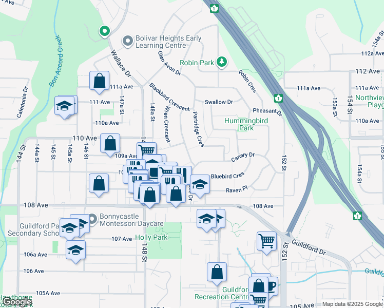 map of restaurants, bars, coffee shops, grocery stores, and more near 10950 Oriole Drive in Surrey