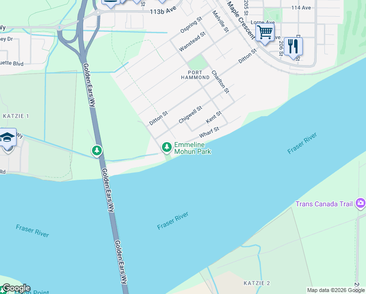 map of restaurants, bars, coffee shops, grocery stores, and more near 20258 Wharf Street in Maple Ridge
