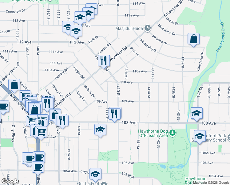 map of restaurants, bars, coffee shops, grocery stores, and more near 10947 140 Street in Surrey