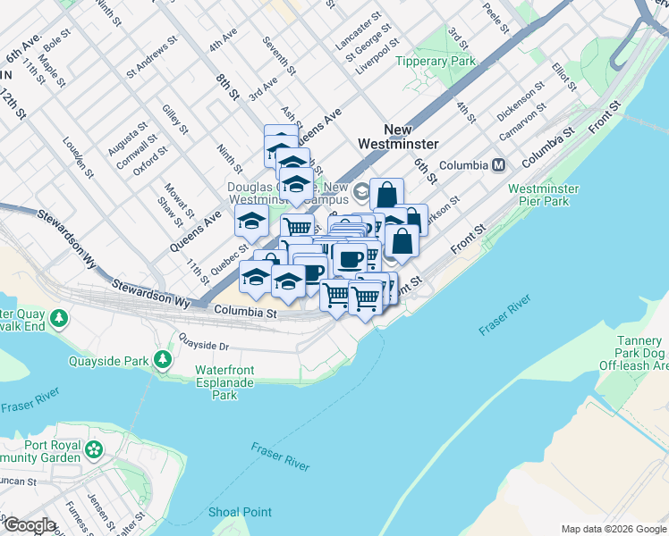 map of restaurants, bars, coffee shops, grocery stores, and more near in New Westminster