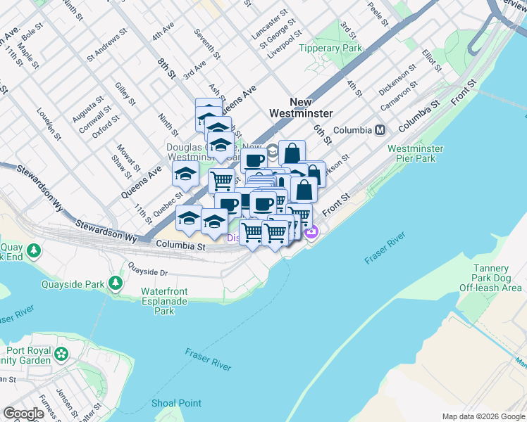 map of restaurants, bars, coffee shops, grocery stores, and more near 888 Carnarvon Street in New Westminster