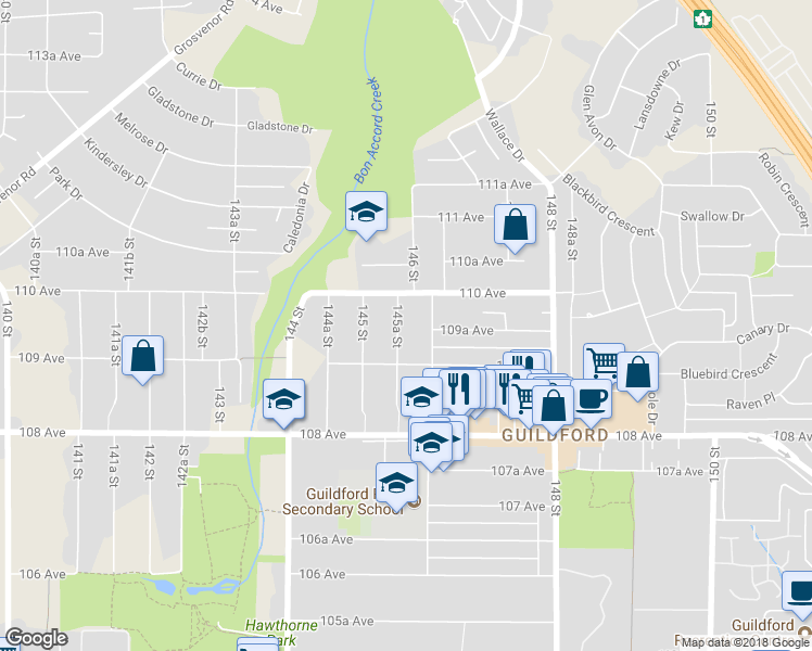 map of restaurants, bars, coffee shops, grocery stores, and more near 10954 145A Street in Surrey