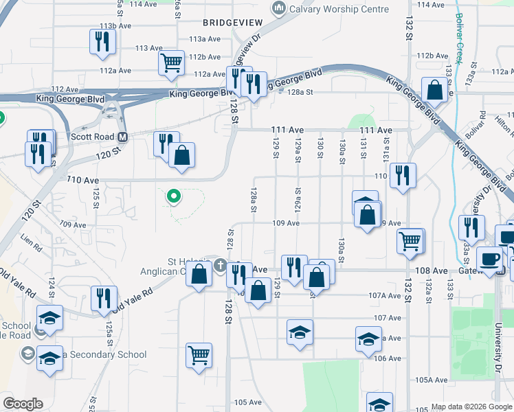 map of restaurants, bars, coffee shops, grocery stores, and more near in Surrey
