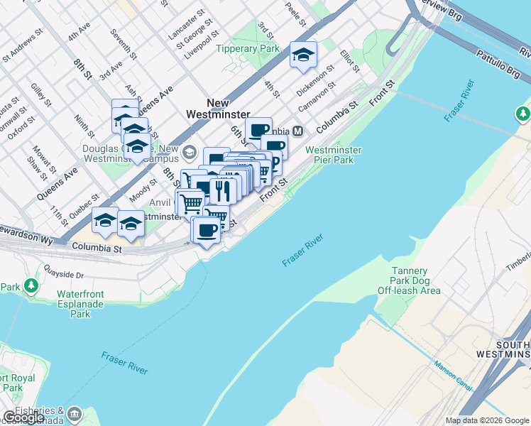 map of restaurants, bars, coffee shops, grocery stores, and more near 660 Quayside Drive in New Westminster