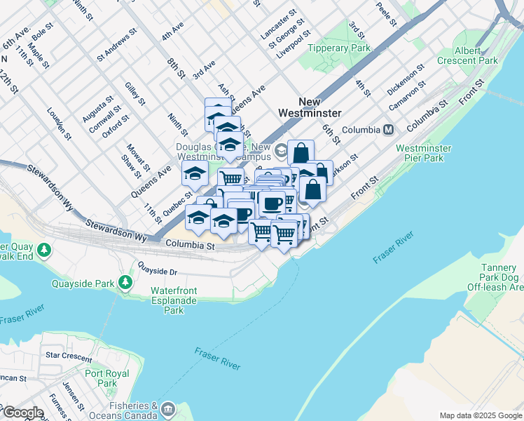 map of restaurants, bars, coffee shops, grocery stores, and more near in New Westminster