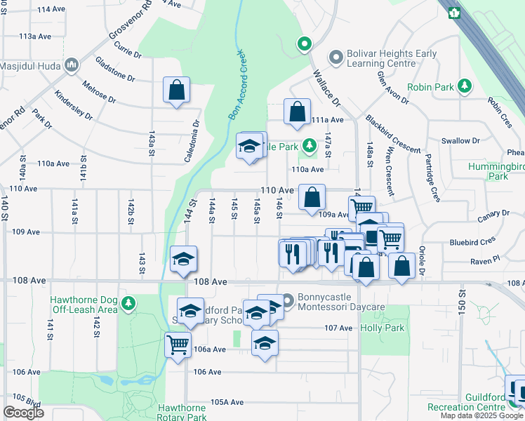 map of restaurants, bars, coffee shops, grocery stores, and more near 10954 145A Street in Surrey