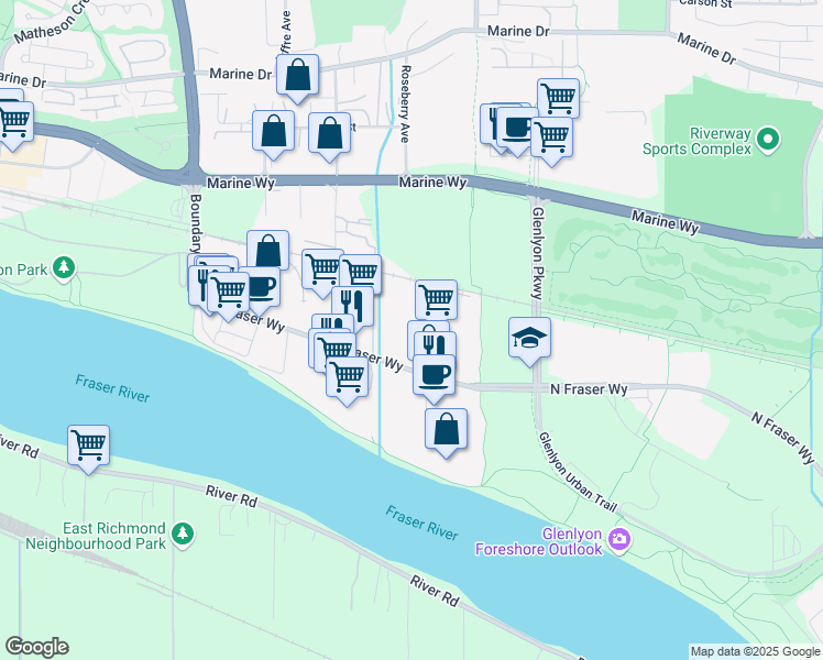 map of restaurants, bars, coffee shops, grocery stores, and more near 8835 Northbrook Court in Burnaby