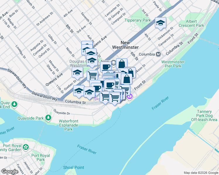 map of restaurants, bars, coffee shops, grocery stores, and more near 34 Eighth Street in New Westminster