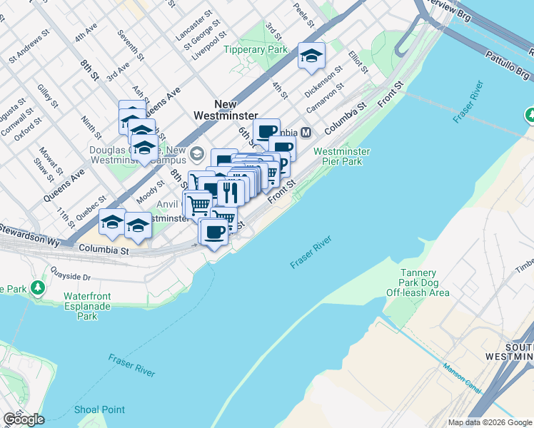 map of restaurants, bars, coffee shops, grocery stores, and more near 660 Quayside Drive in New Westminster