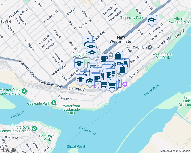 map of restaurants, bars, coffee shops, grocery stores, and more near 838 Agnes Street in New Westminster