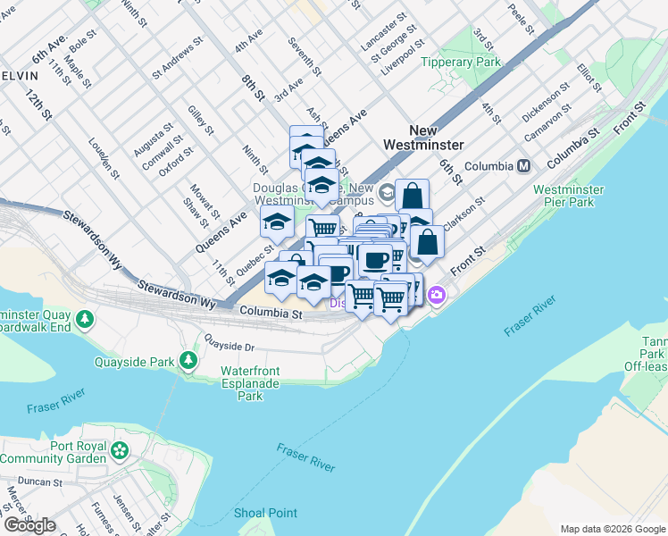 map of restaurants, bars, coffee shops, grocery stores, and more near 838 Agnes Street in New Westminster