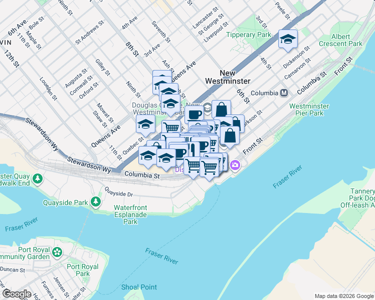 map of restaurants, bars, coffee shops, grocery stores, and more near 823 Carnarvon Street in New Westminster