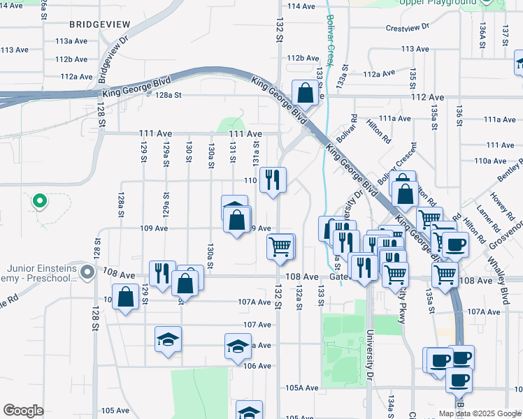 map of restaurants, bars, coffee shops, grocery stores, and more near 10938 131A Street in Surrey