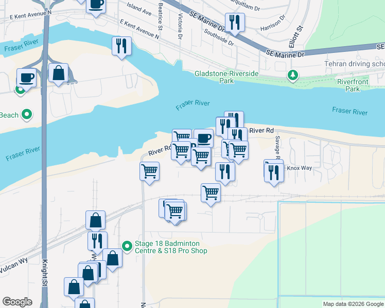 map of restaurants, bars, coffee shops, grocery stores, and more near 14273 Knox Way in Richmond