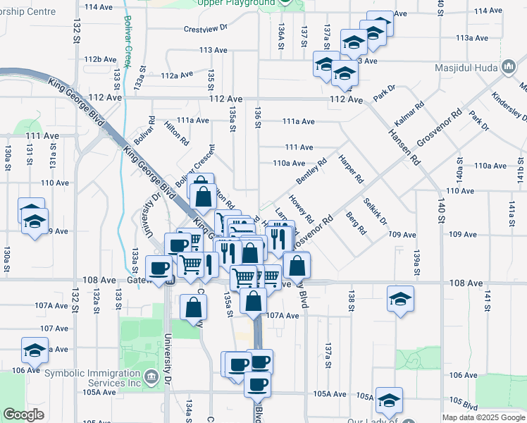map of restaurants, bars, coffee shops, grocery stores, and more near 13601 Hilton Road in Surrey