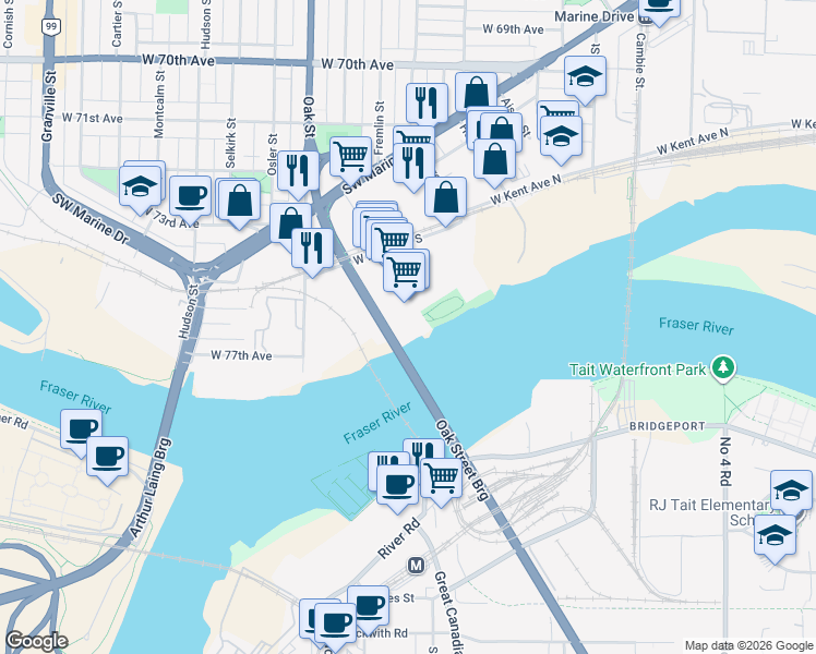 map of restaurants, bars, coffee shops, grocery stores, and more near 9279 Shaughnessy Street in Vancouver