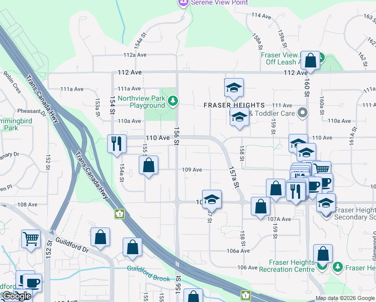 map of restaurants, bars, coffee shops, grocery stores, and more near 15629 109A Avenue in Surrey