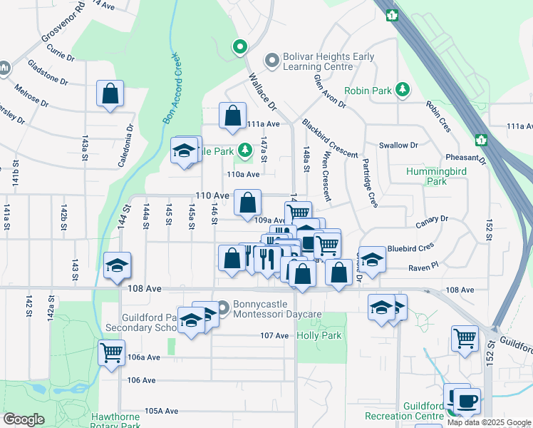 map of restaurants, bars, coffee shops, grocery stores, and more near 14735 109A Avenue in Surrey