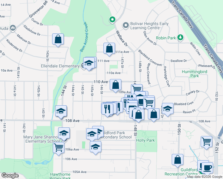 map of restaurants, bars, coffee shops, grocery stores, and more near 14661 109A Avenue in Surrey