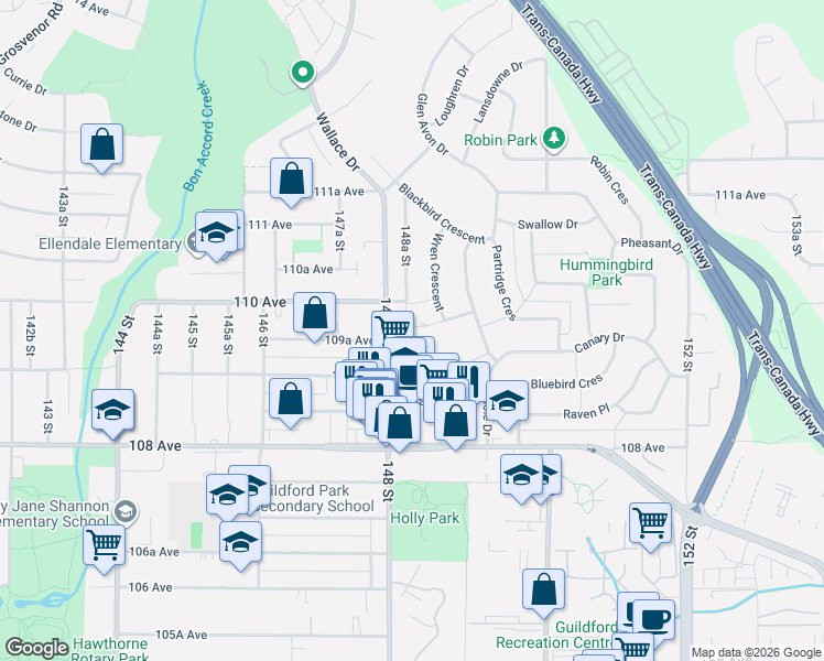 map of restaurants, bars, coffee shops, grocery stores, and more near 10965 Lark Place in Surrey