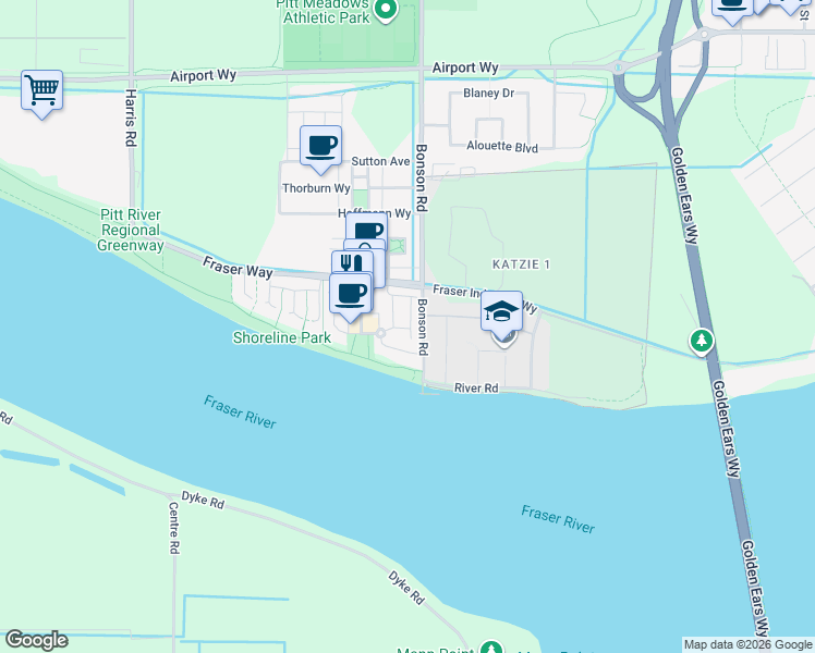 map of restaurants, bars, coffee shops, grocery stores, and more near in Pitt Meadows