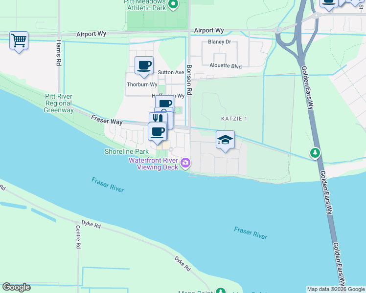 map of restaurants, bars, coffee shops, grocery stores, and more near 19572 Fraser Way in Pitt Meadows