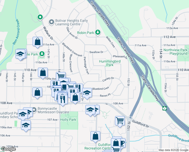 map of restaurants, bars, coffee shops, grocery stores, and more near 10975 Partridge Crescent in Surrey