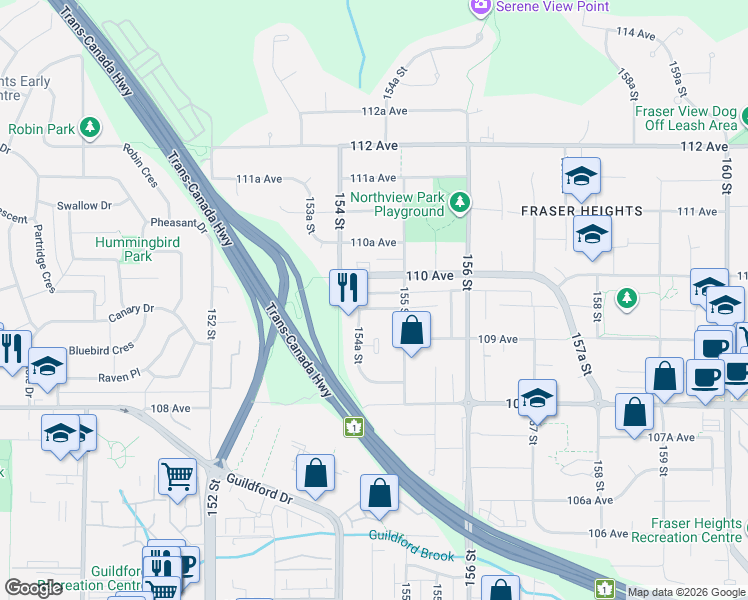 map of restaurants, bars, coffee shops, grocery stores, and more near 15467 109A Avenue in Surrey