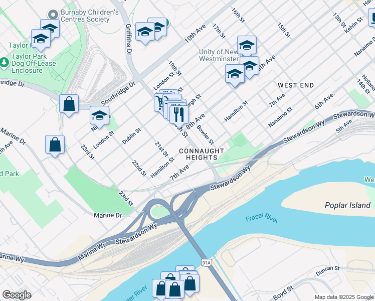 map of restaurants, bars, coffee shops, grocery stores, and more near 2006 Hamilton Street in New Westminster