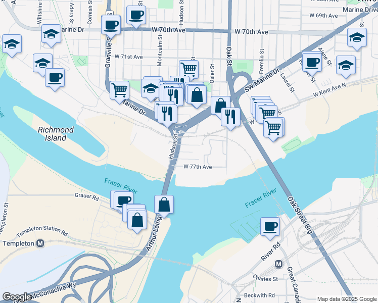 map of restaurants, bars, coffee shops, grocery stores, and more near in Vancouver