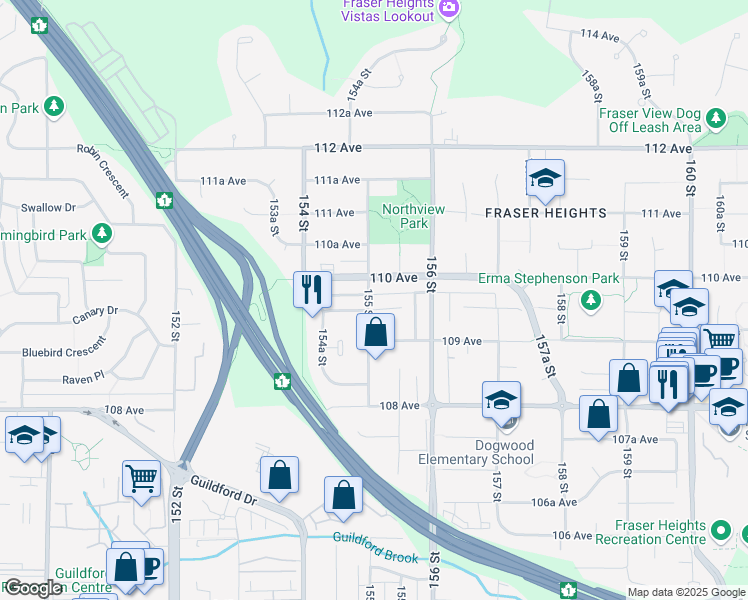 map of restaurants, bars, coffee shops, grocery stores, and more near 10970 155 Street in Surrey
