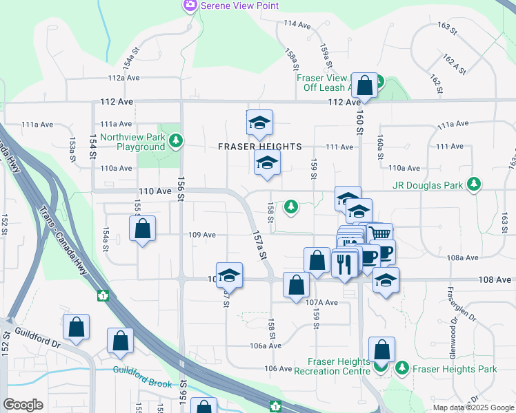 map of restaurants, bars, coffee shops, grocery stores, and more near 15777 109A Avenue in Surrey