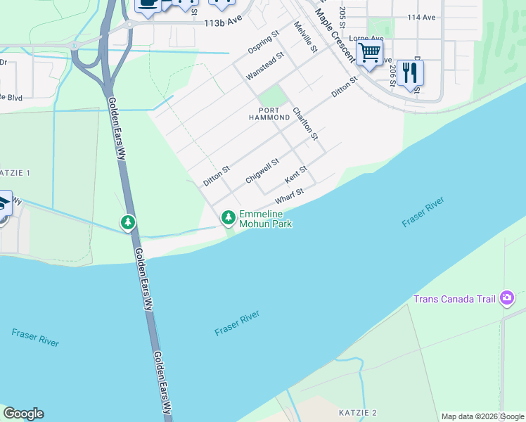 map of restaurants, bars, coffee shops, grocery stores, and more near 20258 Wharf Street in Maple Ridge