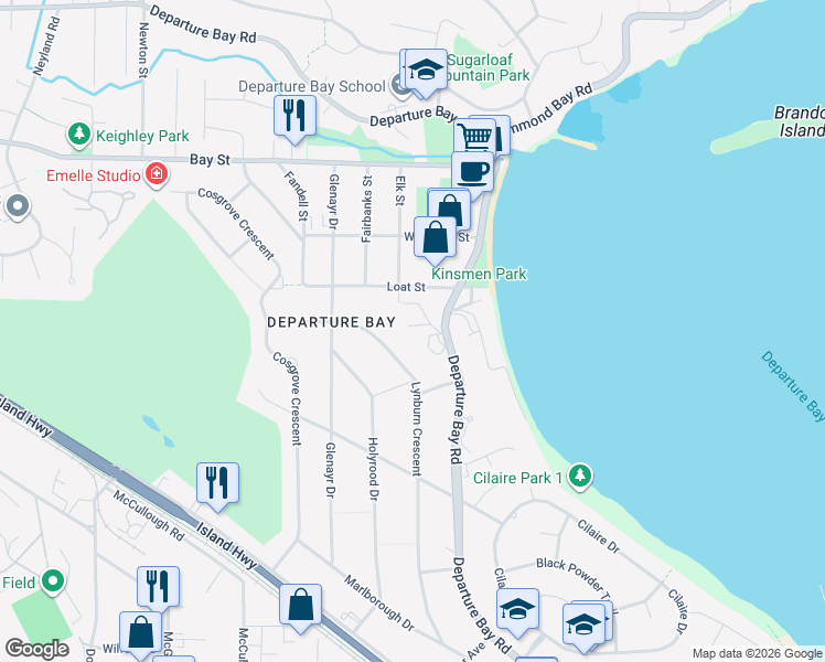 map of restaurants, bars, coffee shops, grocery stores, and more near 2510 Lynburn Crescent in Nanaimo
