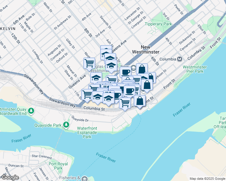 map of restaurants, bars, coffee shops, grocery stores, and more near 989 Carnarvon Street in New Westminster