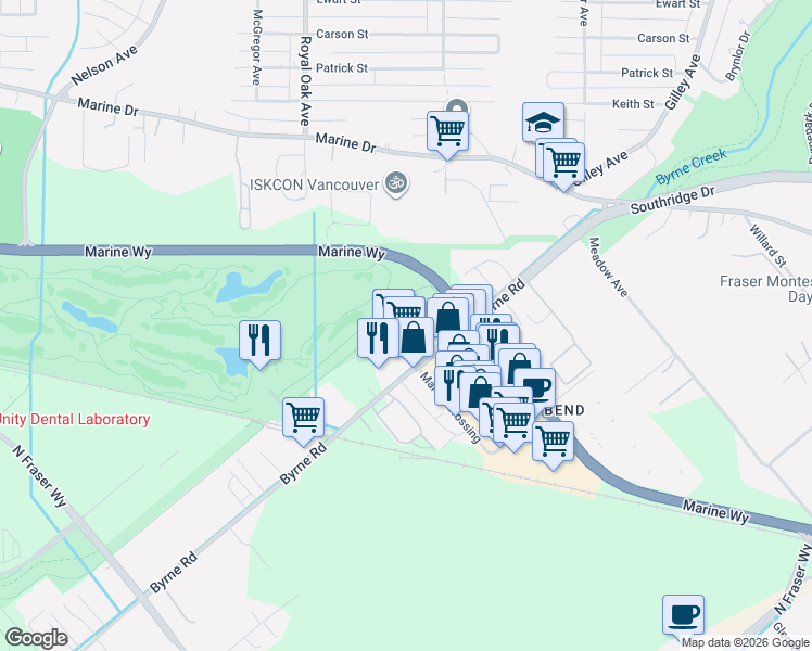 map of restaurants, bars, coffee shops, grocery stores, and more near 5489 Byrne Road in Burnaby