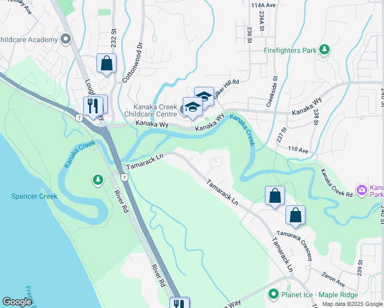 map of restaurants, bars, coffee shops, grocery stores, and more near 23404 Tamarack Lane in Maple Ridge