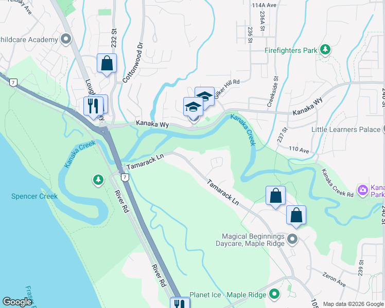 map of restaurants, bars, coffee shops, grocery stores, and more near 23406 Tamarack Lane in Maple Ridge
