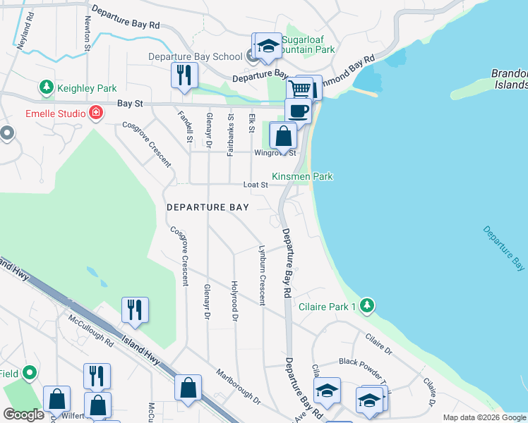 map of restaurants, bars, coffee shops, grocery stores, and more near 2510 Lynburn Crescent in Nanaimo