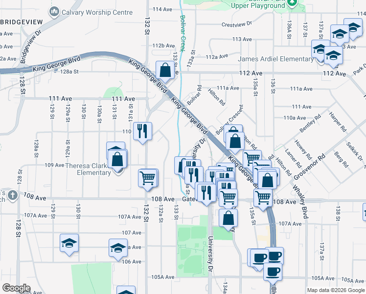 map of restaurants, bars, coffee shops, grocery stores, and more near 10939 Haddon Road in Surrey