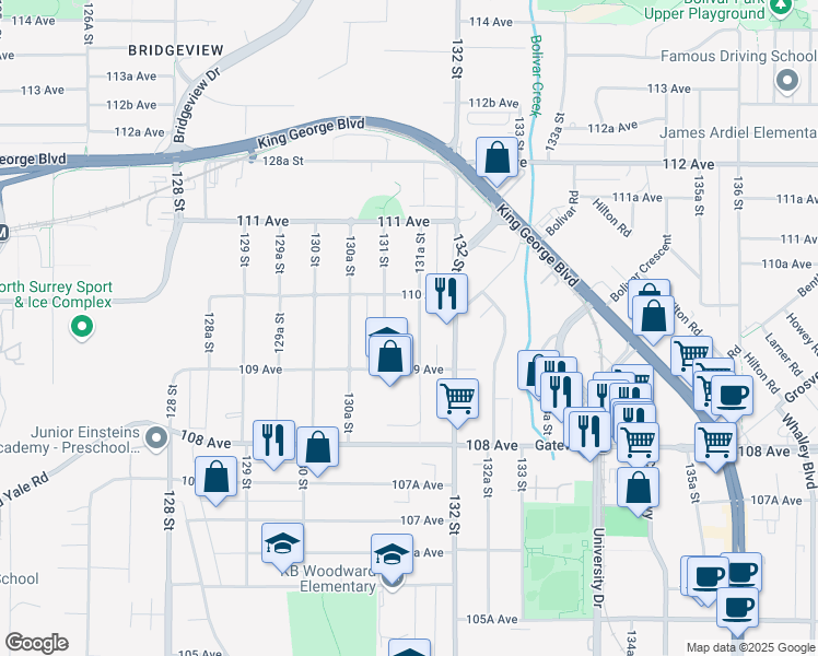 map of restaurants, bars, coffee shops, grocery stores, and more near 10955 131A Street in Surrey