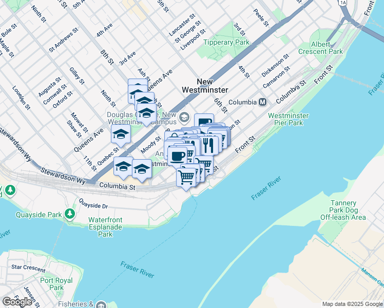 map of restaurants, bars, coffee shops, grocery stores, and more near 45 8th Street in New Westminster