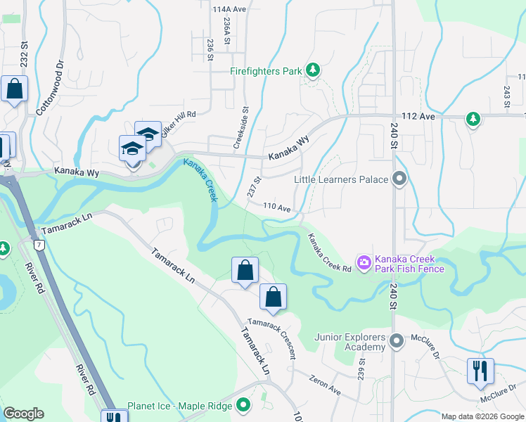 map of restaurants, bars, coffee shops, grocery stores, and more near 23734 110 Avenue in Maple Ridge