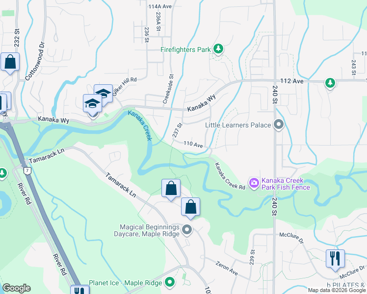 map of restaurants, bars, coffee shops, grocery stores, and more near 23734 110 Avenue in Maple Ridge