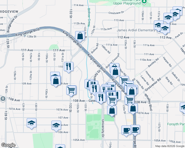 map of restaurants, bars, coffee shops, grocery stores, and more near 10951 Haddon Road in Surrey