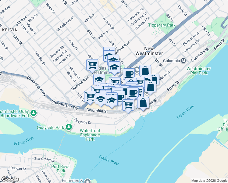 map of restaurants, bars, coffee shops, grocery stores, and more near 833 Agnes Street in New Westminster